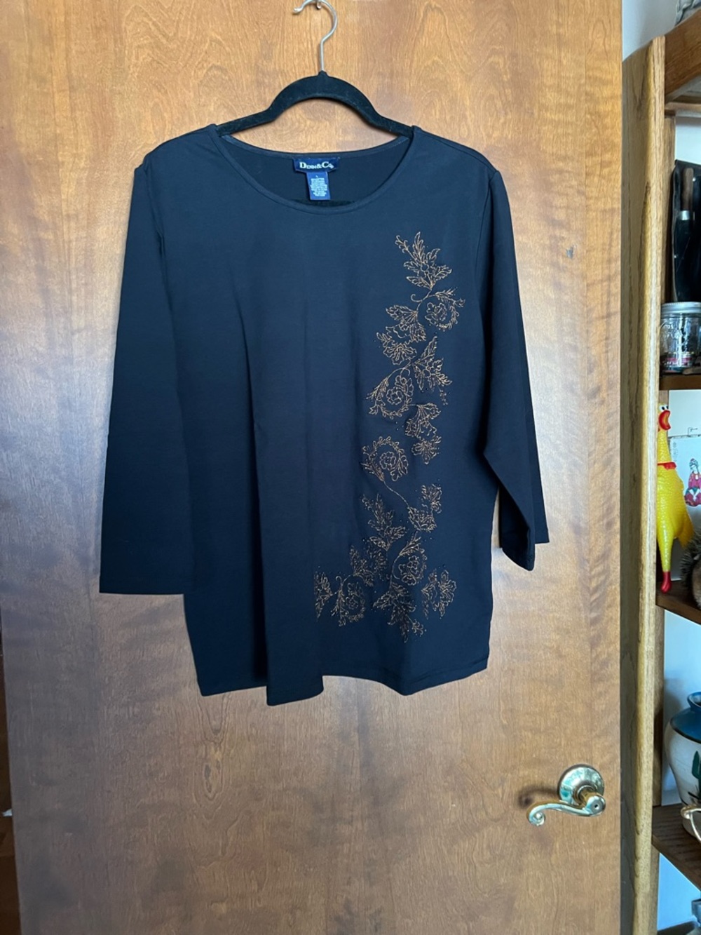 Denim&Co Black Long Sleeve Top with Gold Floral Accent
